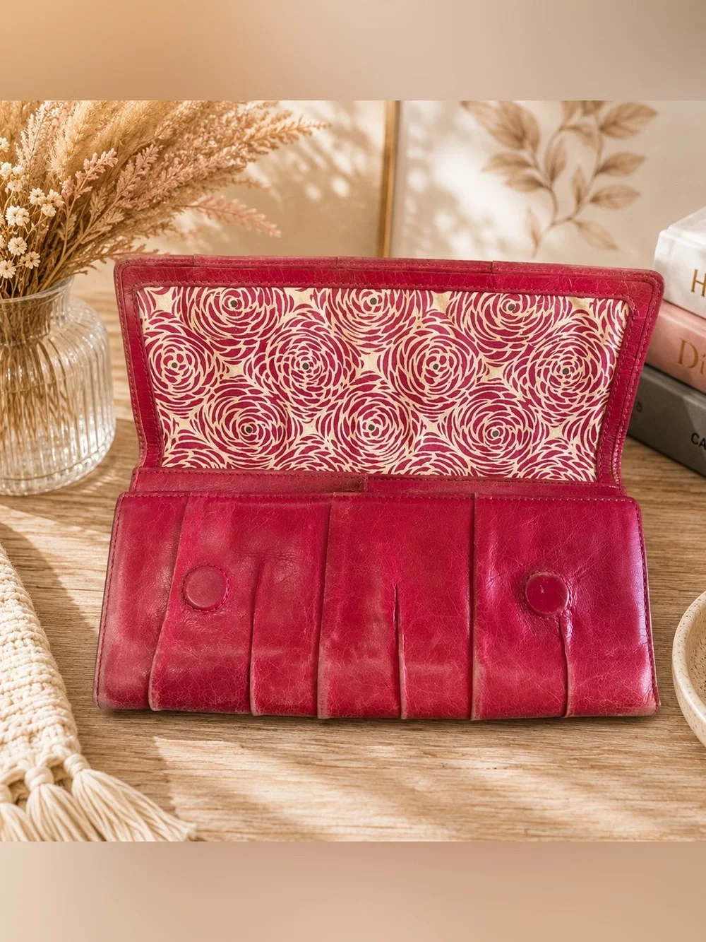 ❤️ HOBO Red Leather Pleated Trifold Wallet #1033